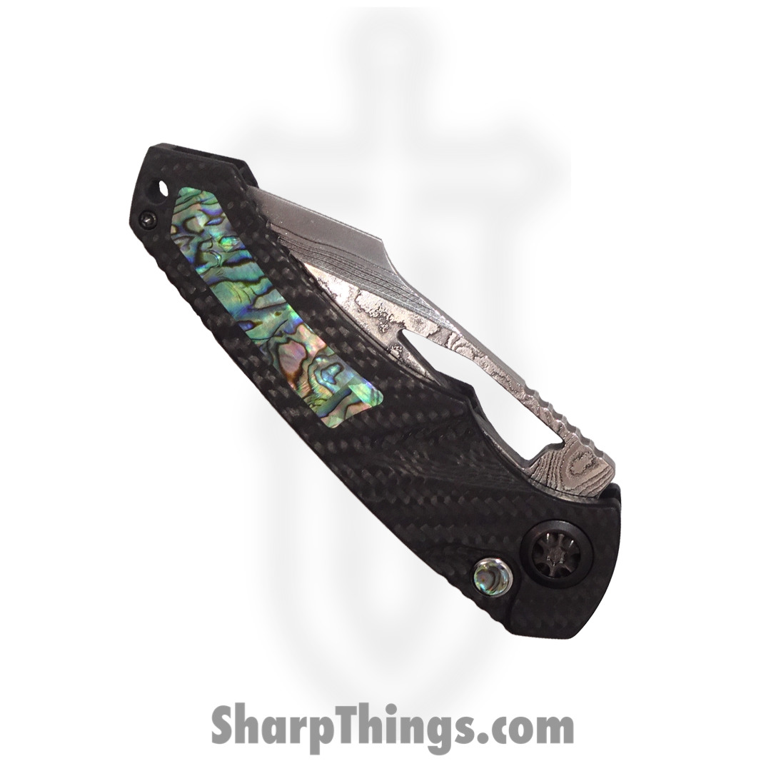 Heretic Knives - ParManVFWGAI - Pariah - Folding Knife - Vegas Forge San Mai Damascus Harpoon - Carbon Fiber/Abalone inlay - Black - Image 5