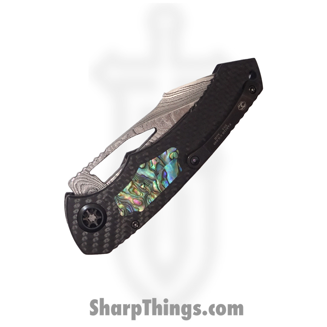 Heretic Knives - ParManVFWGAI - Pariah - Folding Knife - Vegas Forge San Mai Damascus Harpoon - Carbon Fiber/Abalone inlay - Black - Image 6