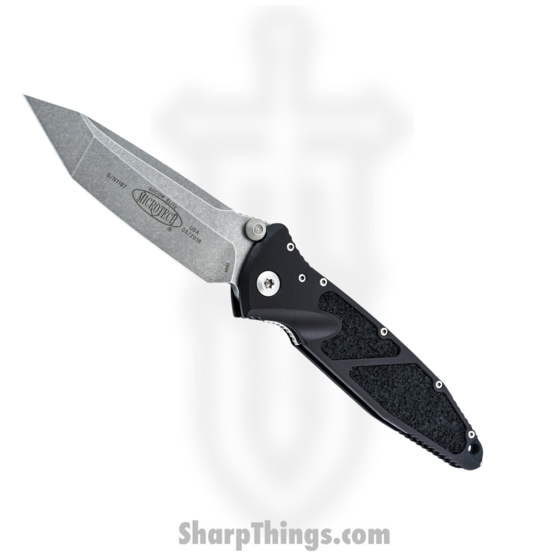 Microtech - 161-10 - Socom Elite - Folding Knife - Stonewash Tanto - Aluminum with Textured Inserts - Black
