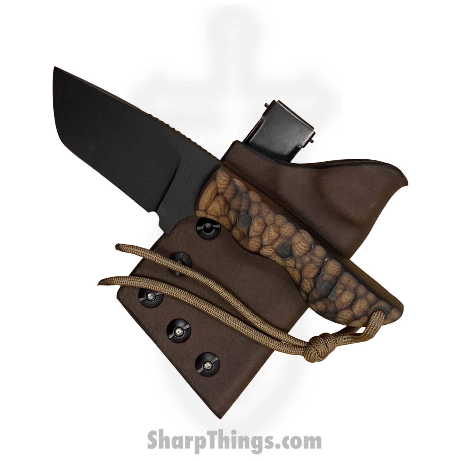 Cave Blades - CBRhiRCMic - Rhino - Fixed Blade Knife - 154cm Cerakote Tanto - Rock Chipped Micarta - Scorched Brown