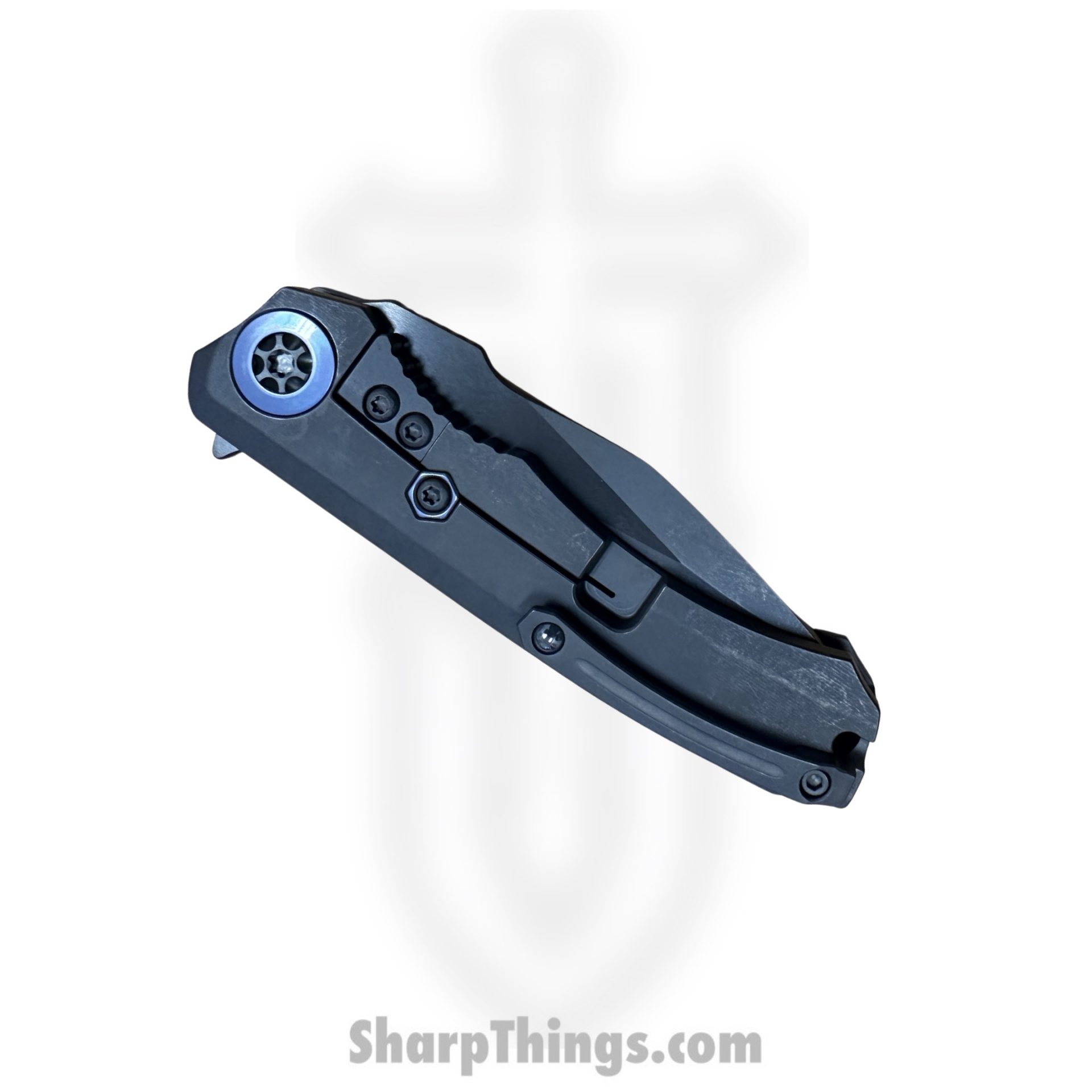 Heretic Knives - H001-6A-BLUTI - Wraith Manual - Folding Knife - Battle worn DLC Magnacut Clip Point - DLC Titanium w/Carbon Fiber - Black with Blue Ti Accents - Image 3