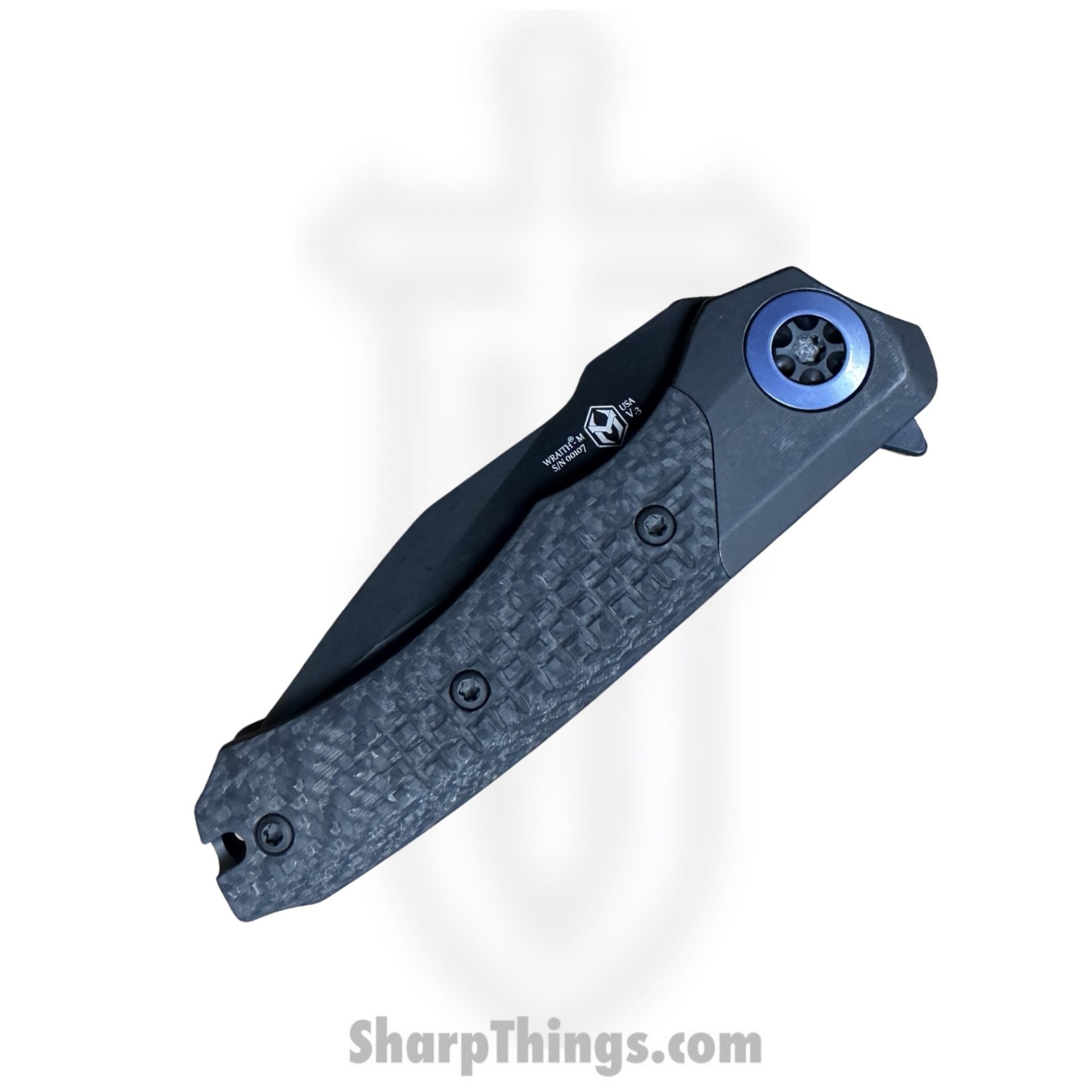Heretic Knives - H001-6A-BLUTI - Wraith Manual - Folding Knife - Battle worn DLC Magnacut Clip Point - DLC Titanium w/Carbon Fiber - Black with Blue Ti Accents - Image 4