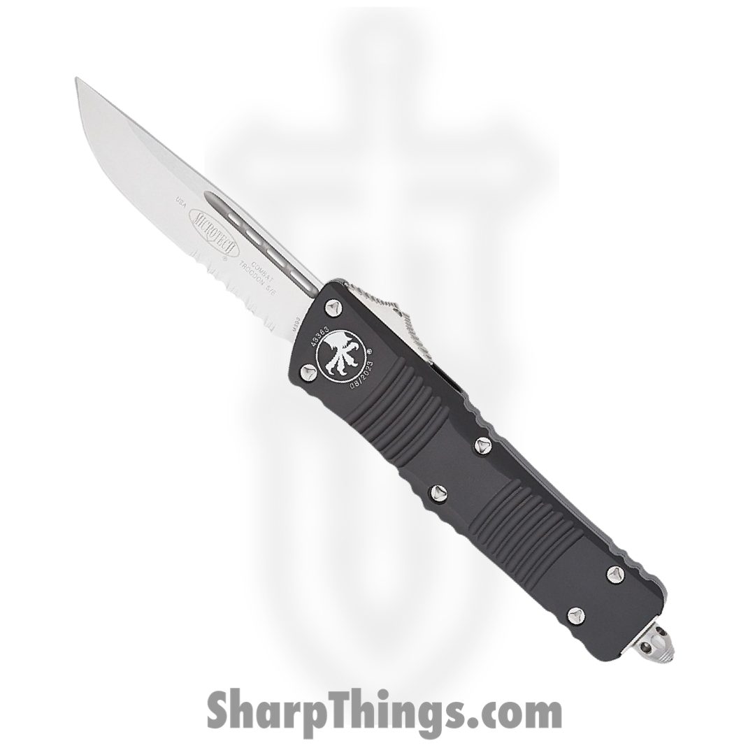 Microtech - 143-11 - Combat Troodon - OTF Auto - Stonewash Drop Point Partially Serrated - 6061-T6 - Black