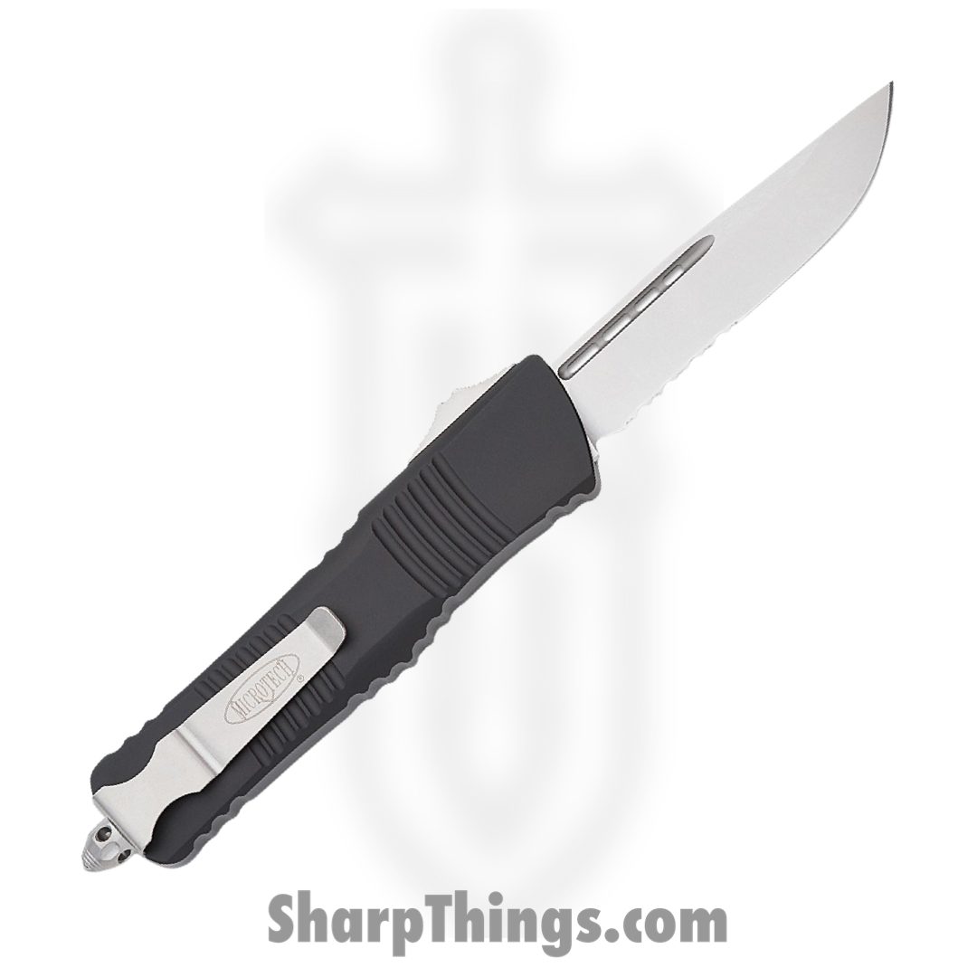 Microtech - 143-11 - Combat Troodon - OTF Auto - Stonewash Drop Point Partially Serrated - 6061-T6 - Black - Image 2
