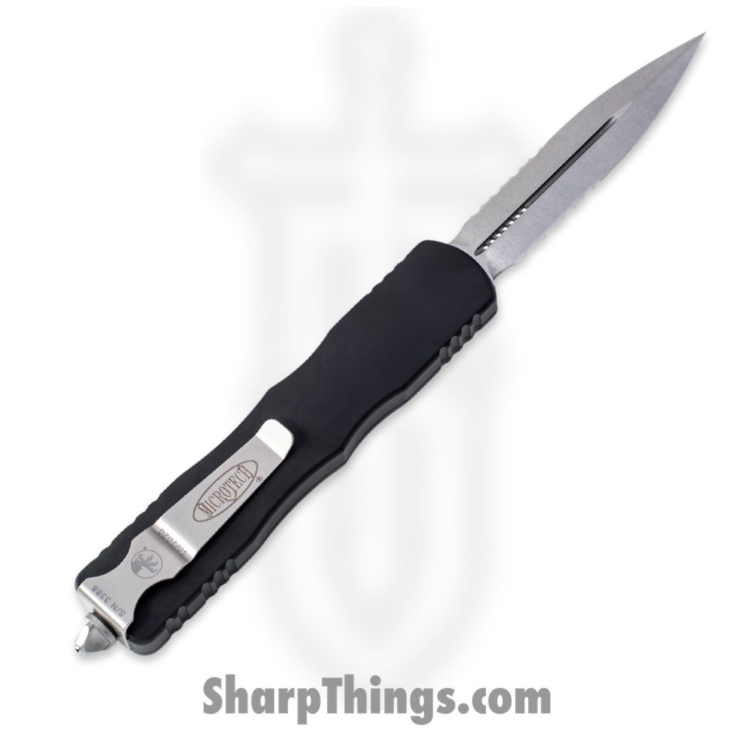 Microtech - 227-11 - Dirac Delta - OTF Auto - Stonewash Double Edge Dagger Partially Serrated - 6061-T6 Aluminum - Black - Image 2