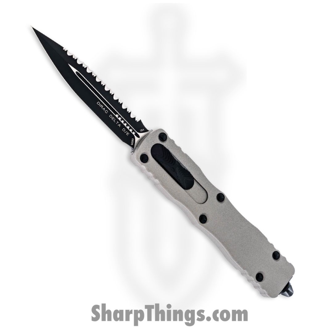 Microtech - 227-3TG - Dirac Delta - OTF Auto - Coated Double Edge Dagger Serrated - 6061-T6 Aluminum - Gray