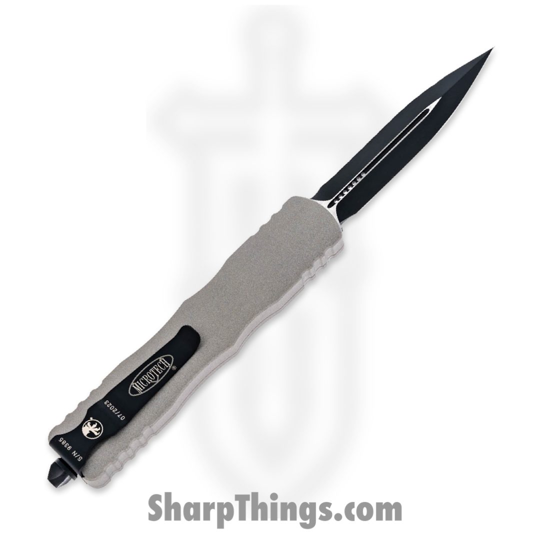 Microtech - 227-3TG - Dirac Delta - OTF Auto - Coated Double Edge Dagger Serrated - 6061-T6 Aluminum - Gray - Image 2
