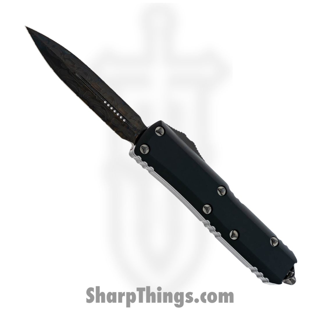 Microtech - 232-16DLCTSH - UTX-85 - OTF Auto - DLC Damascus Double Edge Dagger - 6061 T6 Aluminum - Black