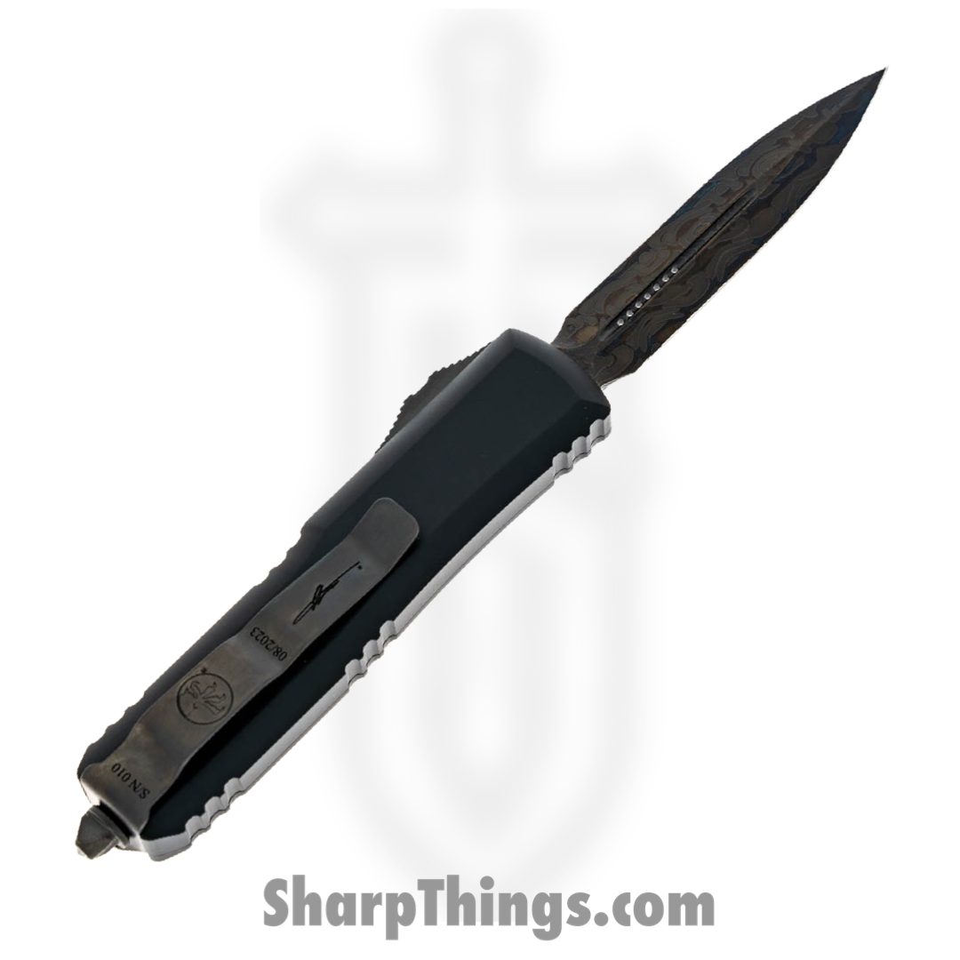 Microtech - 232-16DLCTSH - UTX-85 - OTF Auto - DLC Damascus Double Edge Dagger - 6061 T6 Aluminum - Black - Image 2