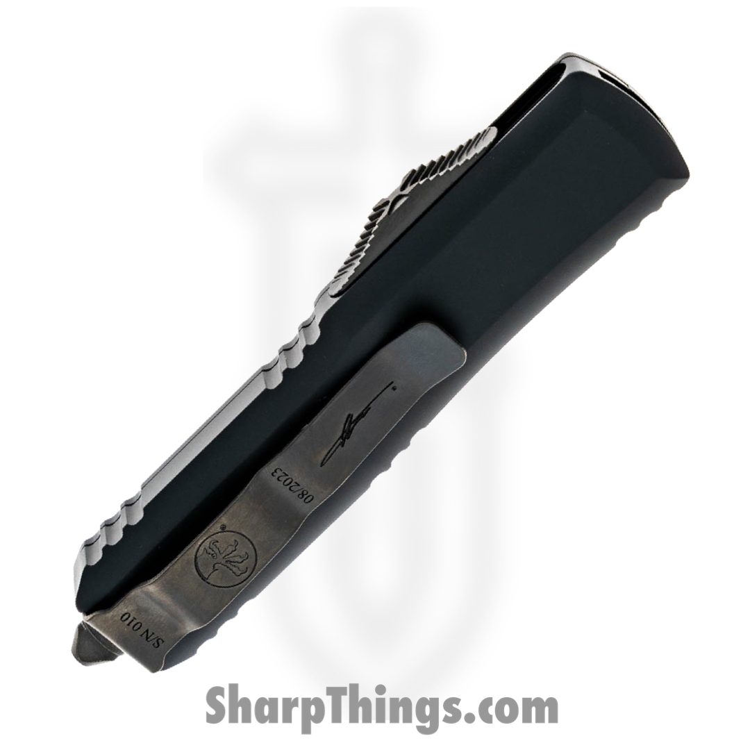 Microtech - 232-16DLCTSH - UTX-85 - OTF Auto - DLC Damascus Double Edge Dagger - 6061 T6 Aluminum - Black - Image 4