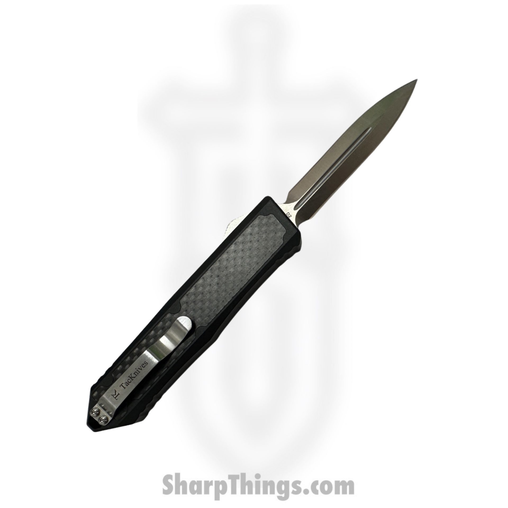 TakCom - BarracudaDE - Barracuda - OTF Auto - Magnacut Satin Double Edge - Aluminum Handles w Black CF inlays - Black - Image 2