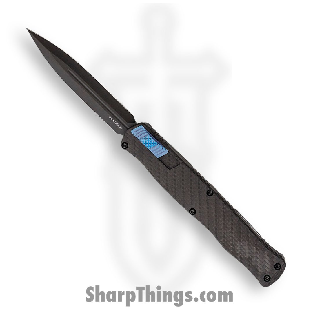 Heretic Knives - H020-6A-CF/Blu - Cleric II - OTF Automatic - Magnacut DLC Double Edge - Aluminum - Carbon Fiber w/Blue Ti Accents