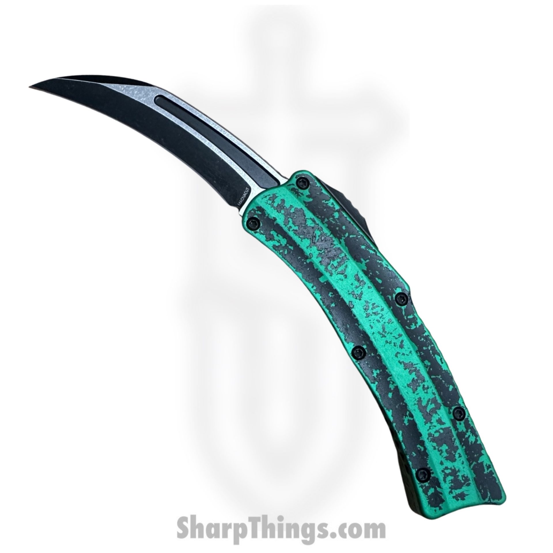 Heretic Knives - H060-14A-BRKTGR - ROC - OTF Auto - Magnacut Two Tone Karambit - 6061-T6 Aluminum - Breakthrough Toxic Green