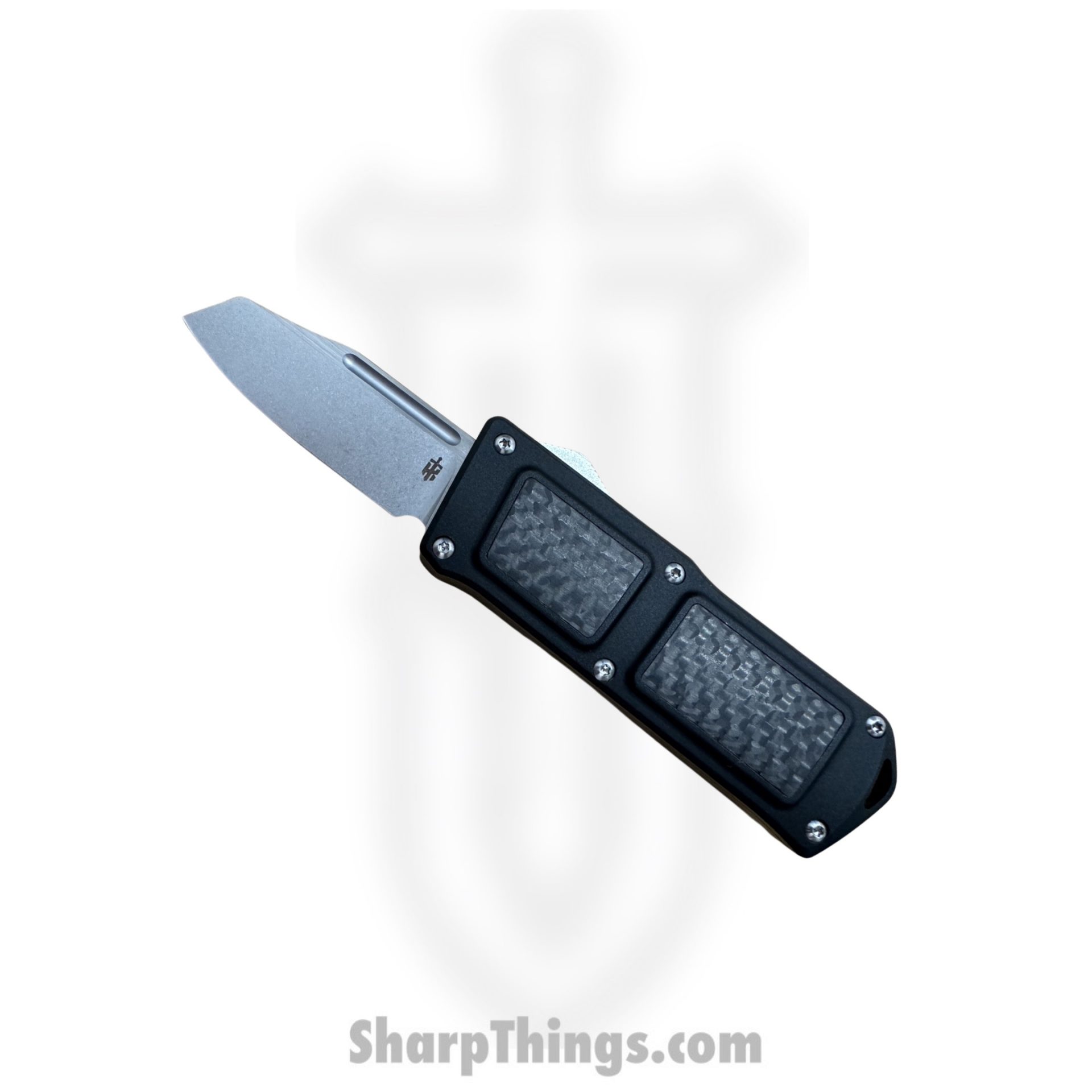 TakCom - Stubby-W-ST - Stubby - OTF Auto - 154CM Stonewash Wharncliffe - 6061-T6 Aluminum w CF Inlay - Black