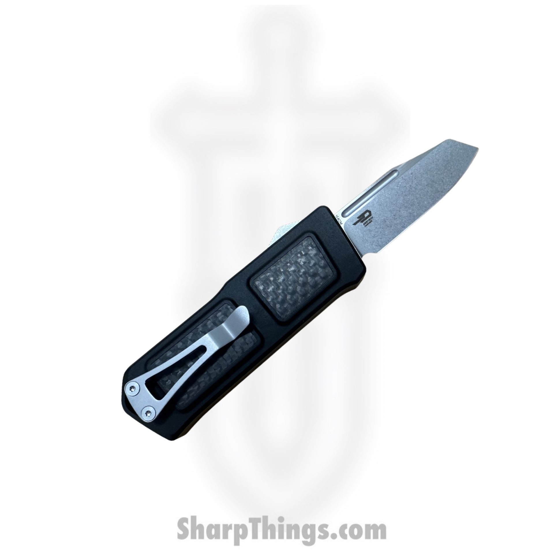 TakCom - Stubby-W-ST - Stubby - OTF Auto - 154CM Stonewash Wharncliffe - 6061-T6 Aluminum w CF Inlay - Black - Image 2
