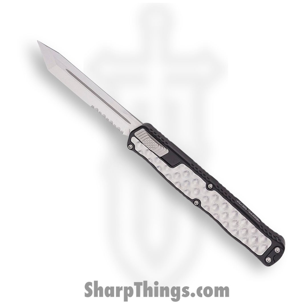 Heretic Knives - H019-2B - Cleric II - OTF Automatic - Stonewash Magnacut Tanto Partial Serrated - Stonewash Stainless Bubble inlay - Black