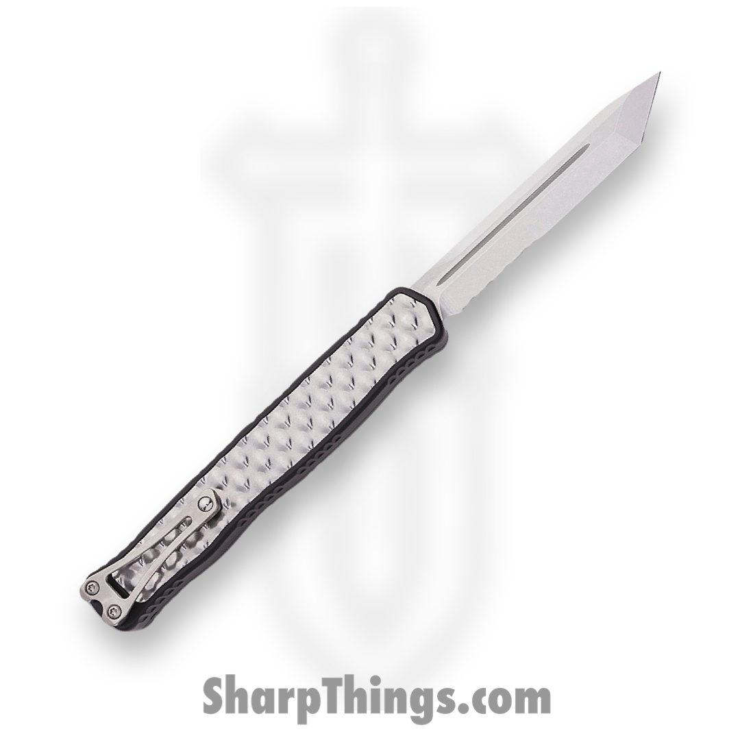 Heretic Knives - H019-2B - Cleric II - OTF Automatic - Stonewash Magnacut Tanto Partial Serrated - Stonewash Stainless Bubble inlay - Black - Image 2