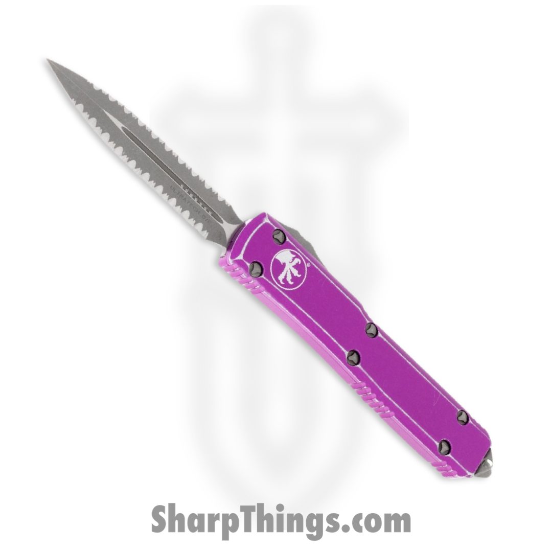 Microtech - 122-D12DVI - Ultratech - OTF Auto - Apocalyptic Dagger Serrated - 6061 T6 Aluminum - Distressed Violet