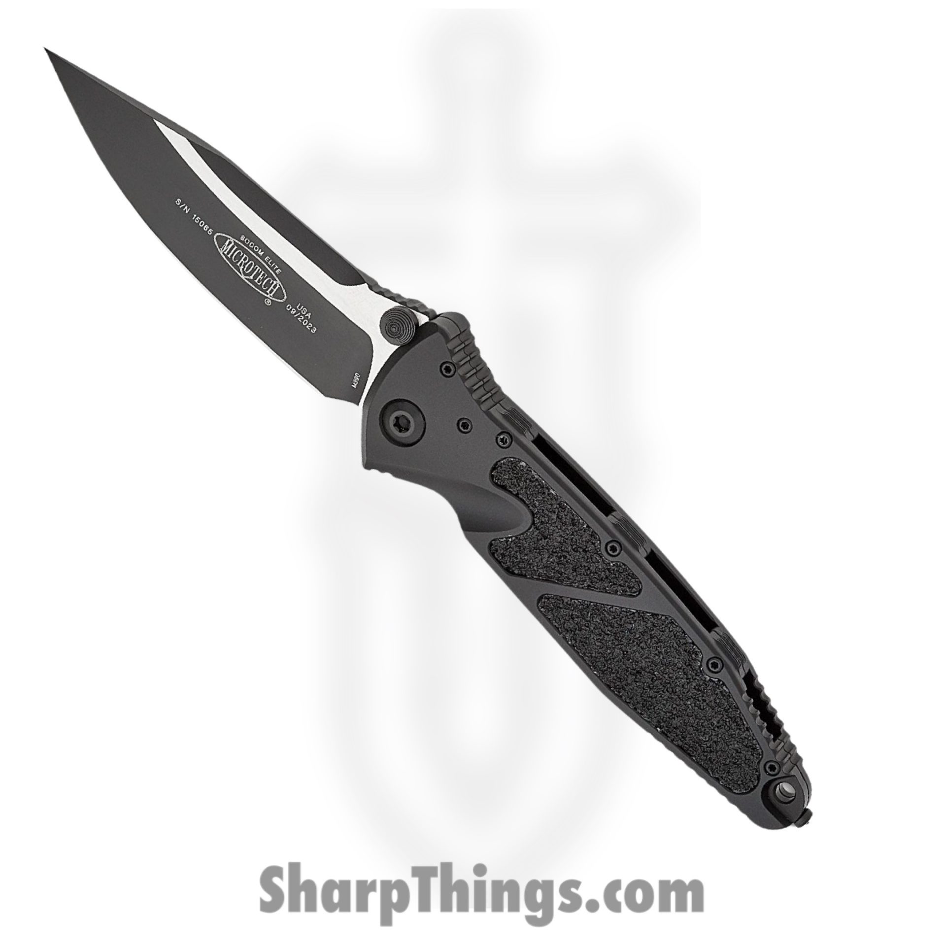 Microtech - 160-1T - Socom Elite - Folding Knife - Elmax, M390, 204P Two Tone Clip Point - Aluminum/Textured Rubber Insert - Black