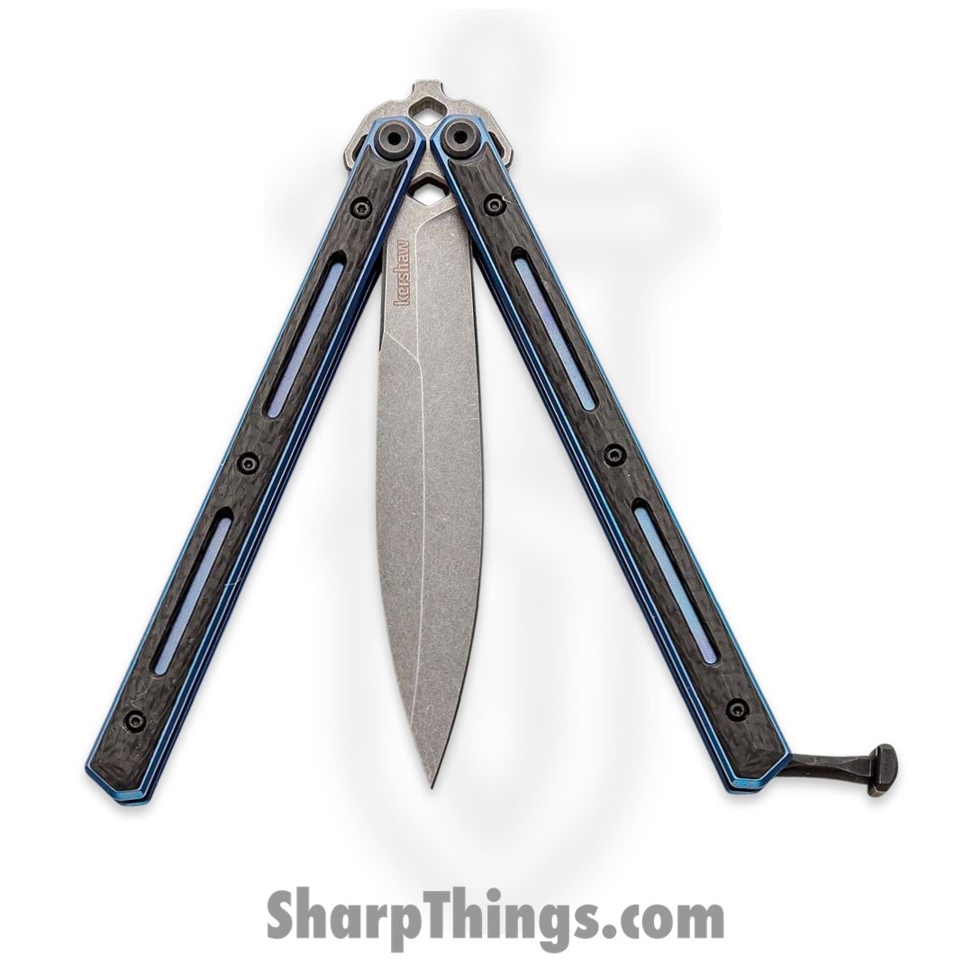 Kershaw - 5150CF - Lucha - Balisong - CPM 20CV Working Spear Point - Titanium Carbon Fiber Overlay - Black|Blue - Image 4
