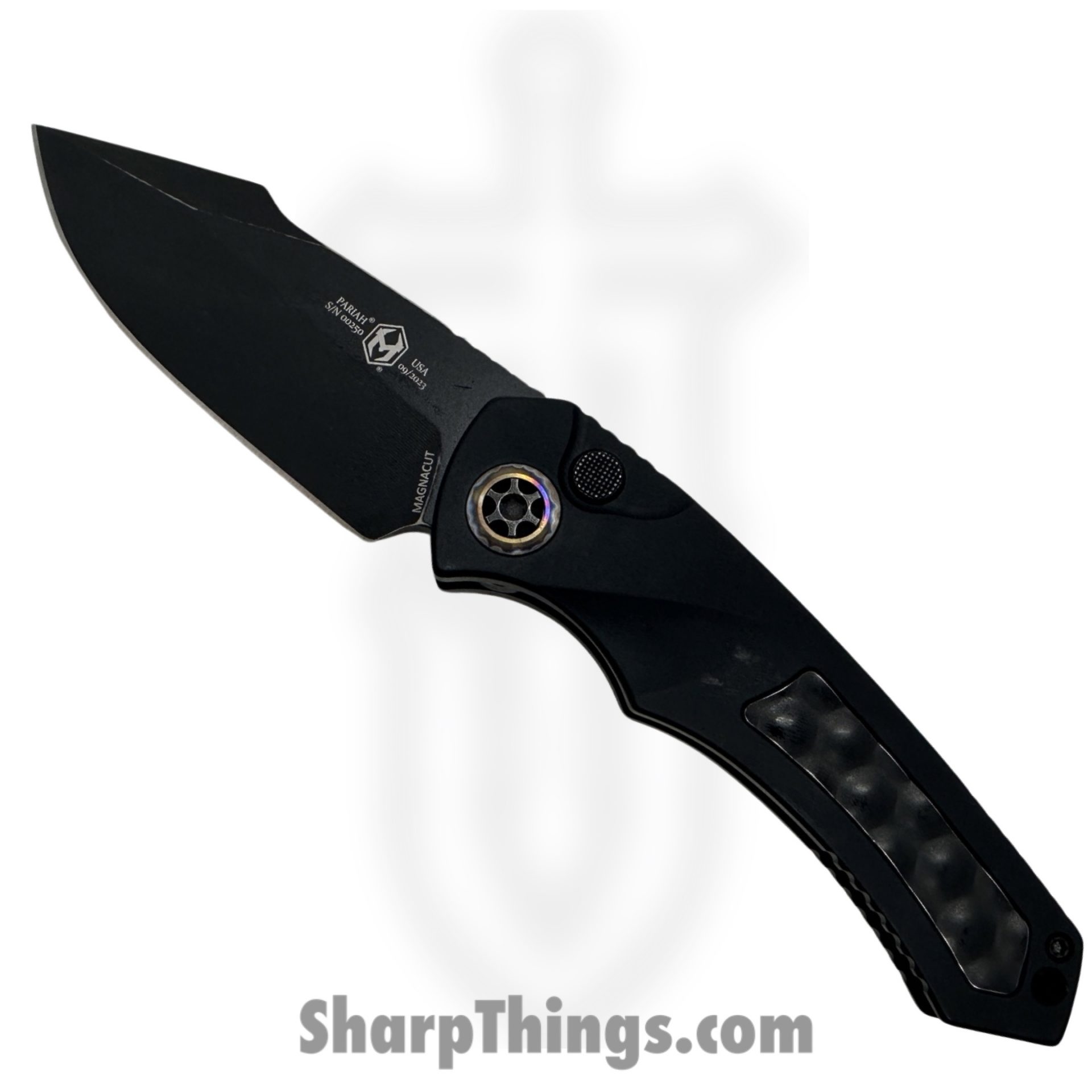 Heretic Knives - H048-8A - Pariah - Automatic Knife - CPM Magnacut Battleworn DLC Drop Point - Aluminum with Stainless Steel Bubble Inlay - Black
