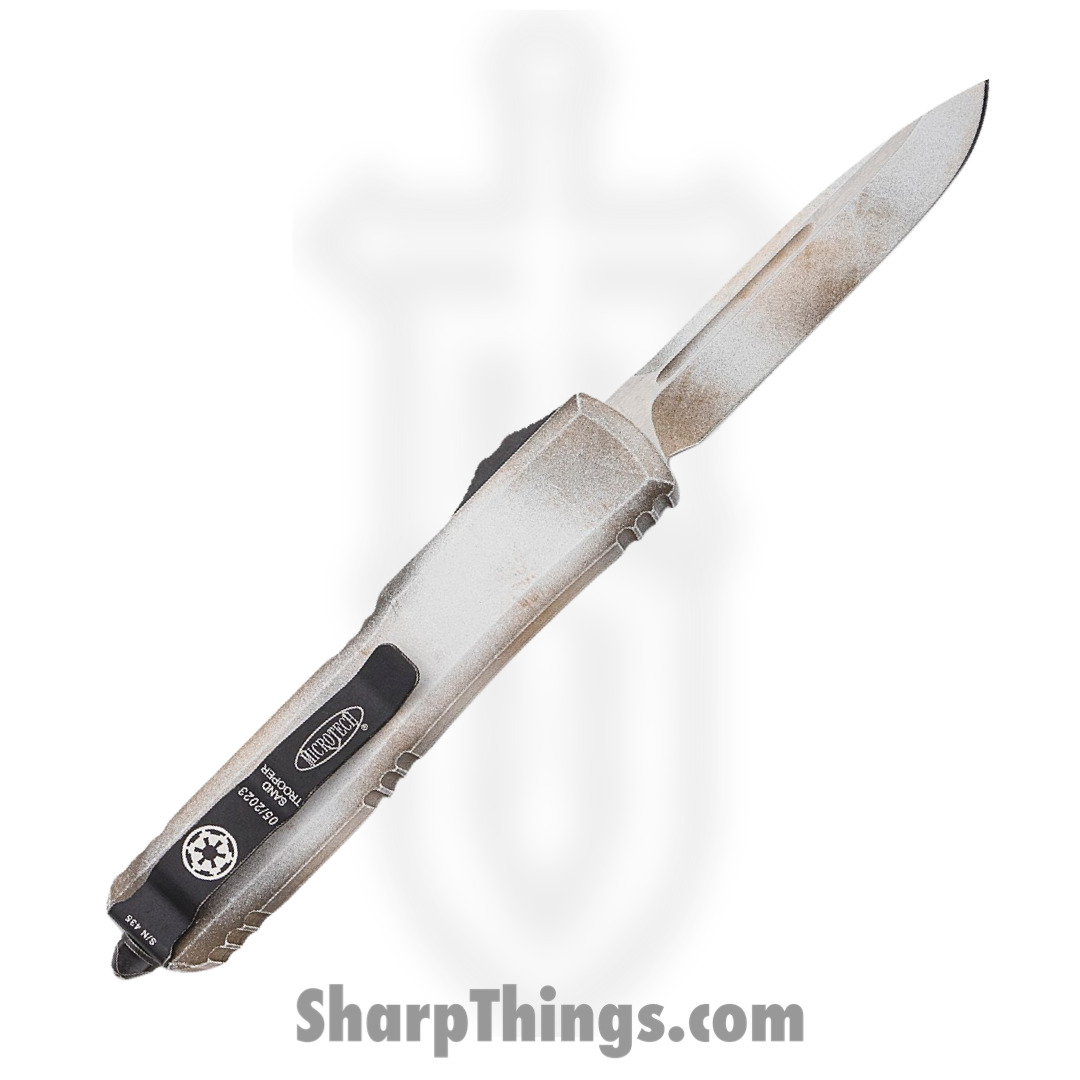 Microtech - 121-1SAD - Ultratech Sandtrooper - OTF Auto - M390 Cerakote Drop Point - 6061-T6 Aluminum - White Sandtrooper Mil-Spec Hard Coat Anodizing - Image 2