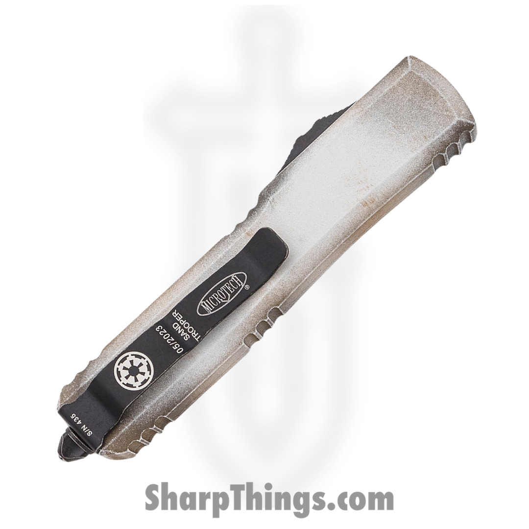 Microtech - 121-1SAD - Ultratech Sandtrooper - OTF Auto - M390 Cerakote Drop Point - 6061-T6 Aluminum - White Sandtrooper Mil-Spec Hard Coat Anodizing - Image 4