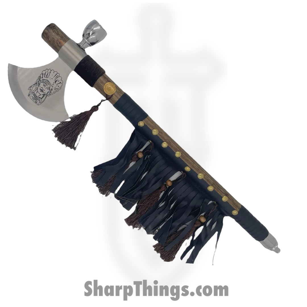 VOC - FA-10 - Native Chief Axe Peace Pipe Functional - Fixed Blade Knife - Stainless Steel Stainless - Wood - Brown