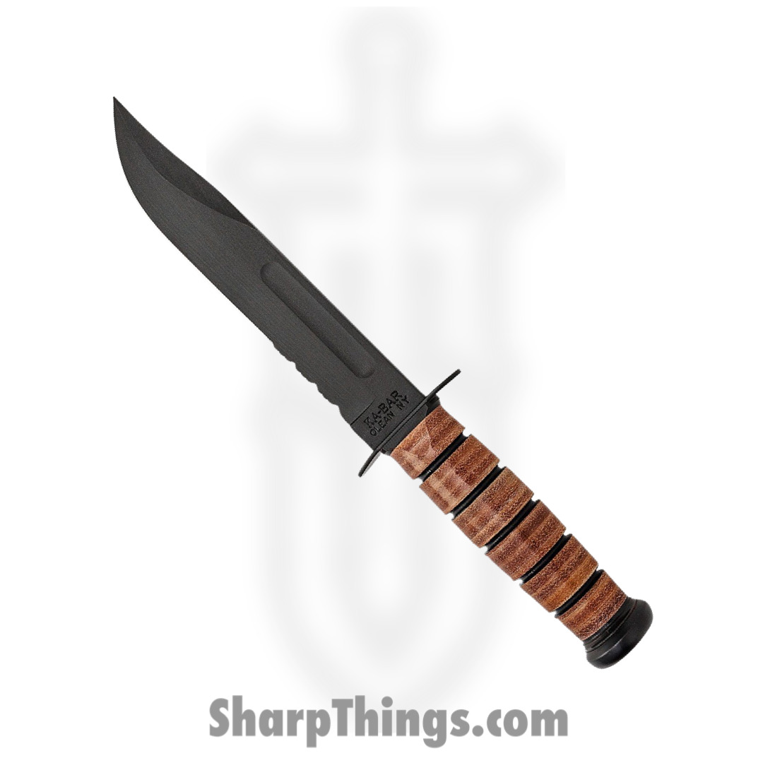 Ka-Bar - KA5018 - USMC Fighting Knife - Fixed Blade Knife - 1095 Carbon Coated Clip Point - Stacked Leather - Brown