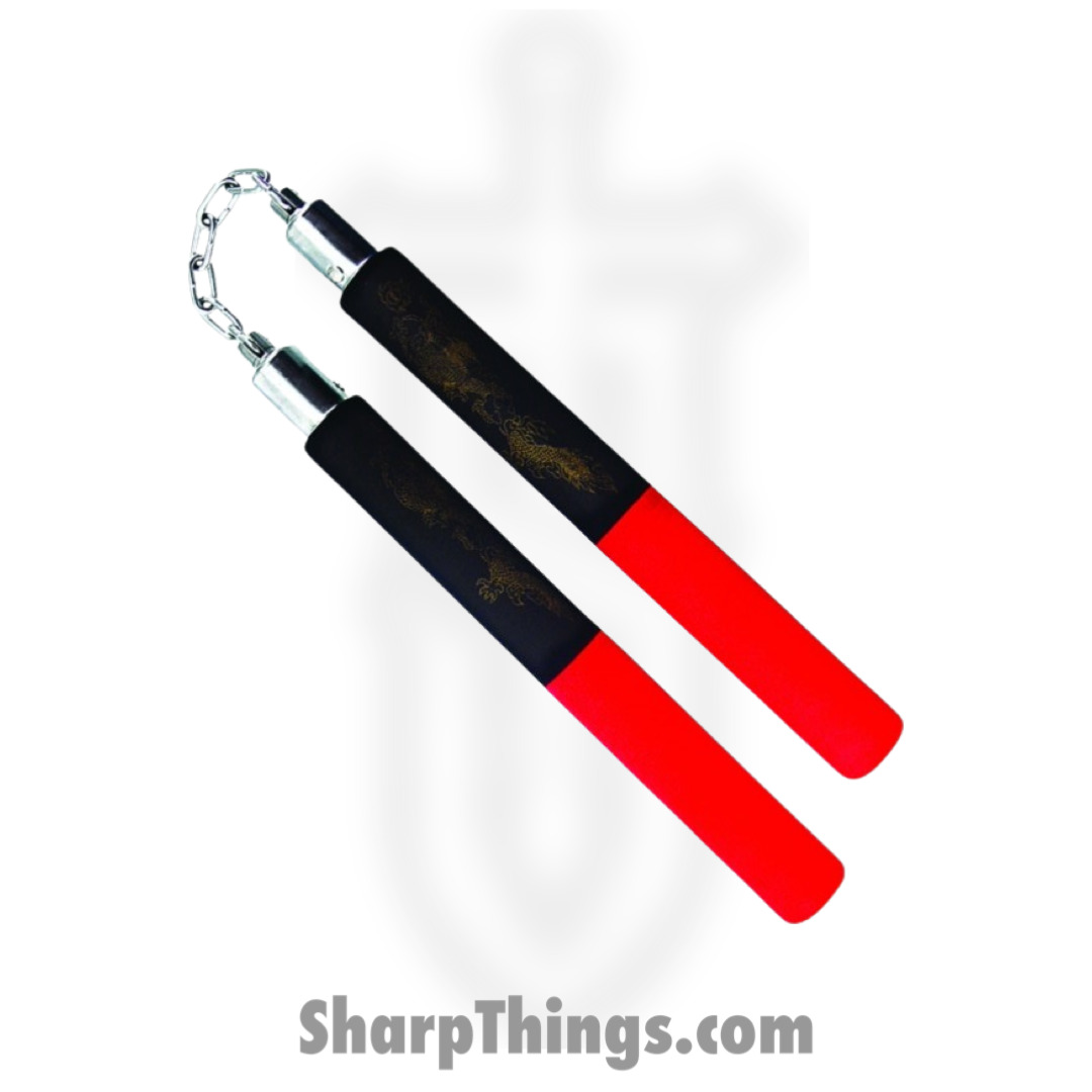 VOC - NC232DG - 12" Nunchaku With Gold Dragon Print And Metal Chain Link - Foam - Black Red