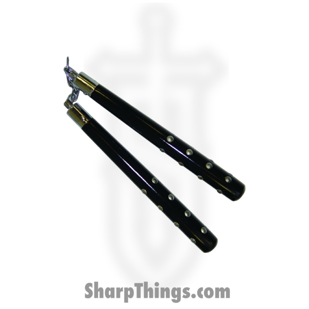 VOC - NC279 - 12" Studded Nunchaku With Metal Chain Link - Wood - Black