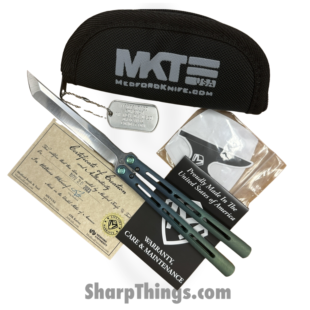 Medford Knife and Tool - MK2164TT-39A5-T4Q3-Q4 - Viceroy - Balisong - S45vn Tumbled Tanto - Titanium - Green Blue - Image 3