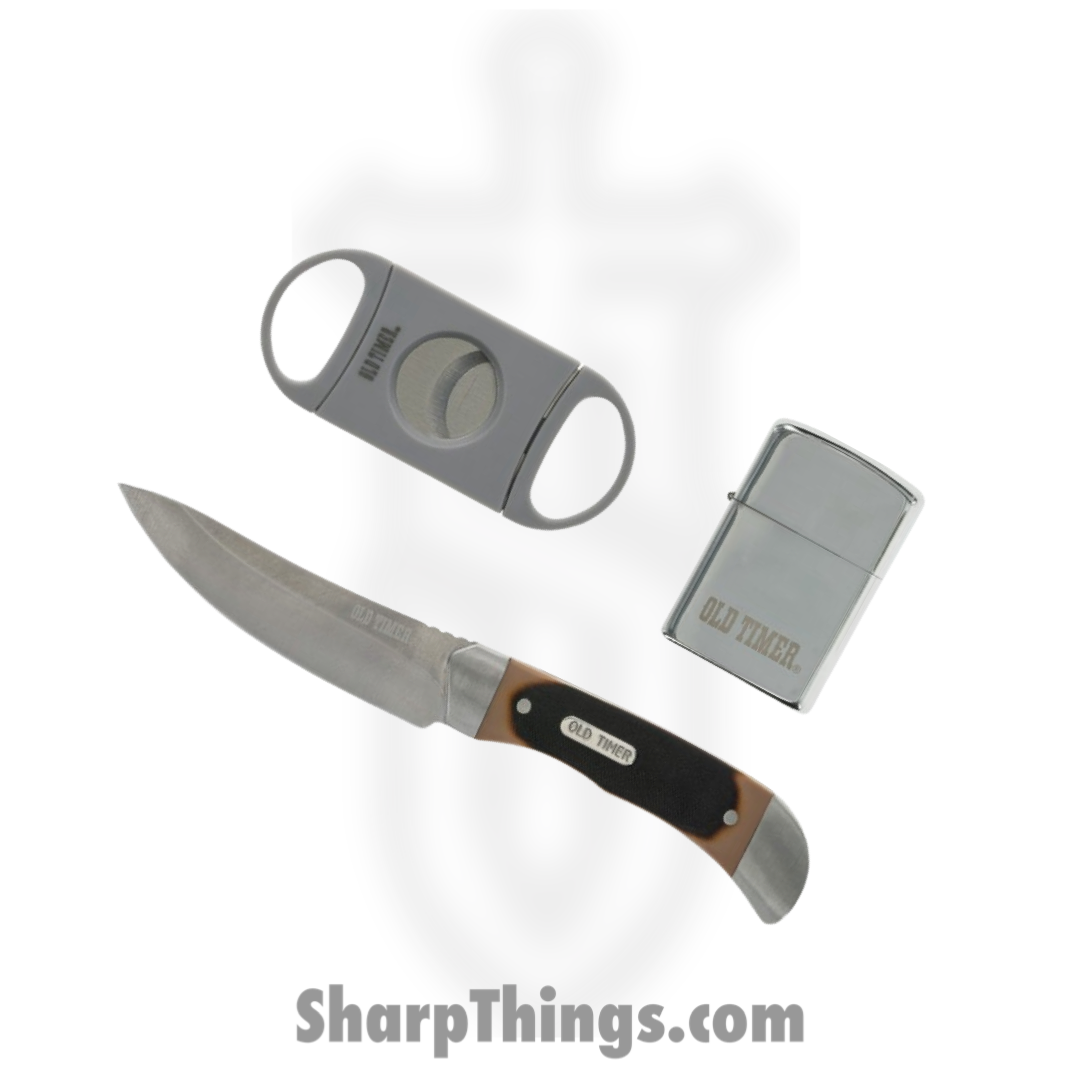 Schrade Knives - SCHP1158666 - Fixed Blade/Lighter Set - Fixed Blade Knife - Stainless Satin Full Tang - Sawcut Delrin - Silver