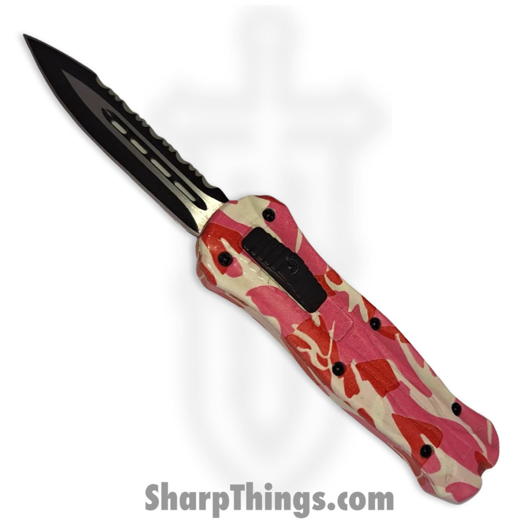 M-5-CM4 - Mini Joker - OTF Auto - Stainless Steel Black Dagger - Steel Metal Overlay - Camo Pink