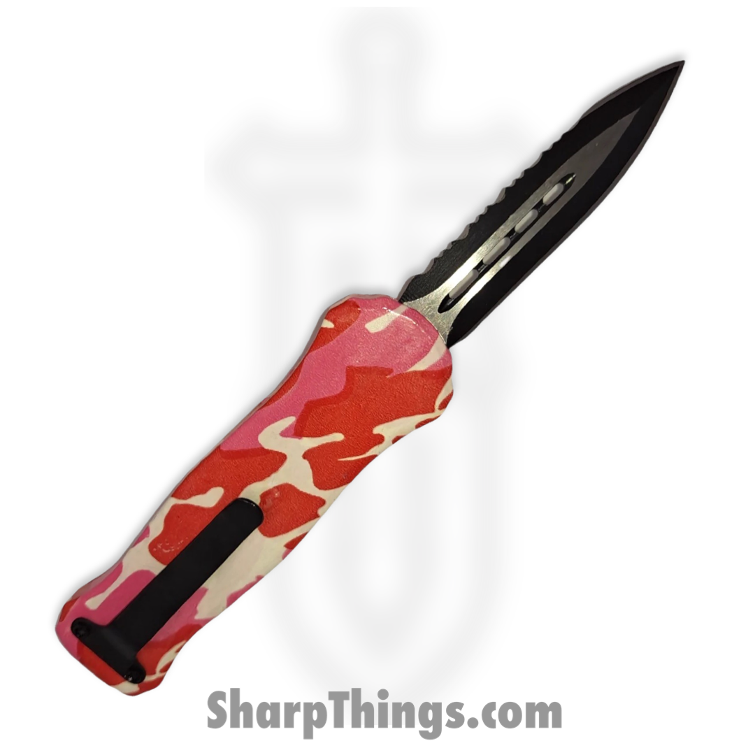 M-5-CM4 - Mini Joker - OTF Auto - Stainless Steel Black Dagger - Steel Metal Overlay - Camo Pink - Image 2