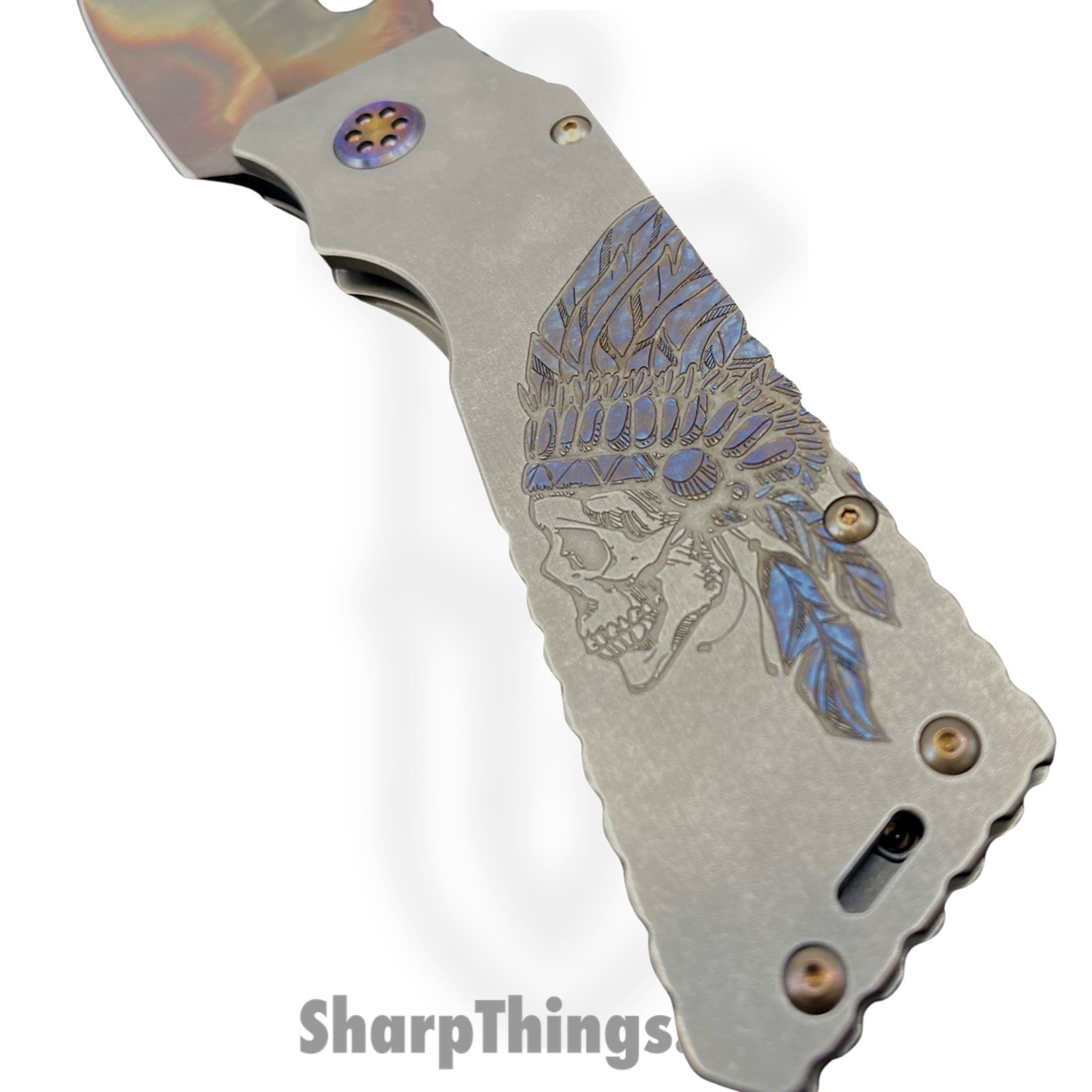 Medford Knife and Tool - MK0144VQ-30PV-TFCF-Q4 - TFF-1 - Folding Knife - S45VN Vulcan Drop Point - Titanium - "Indian w/Headdress" - Image 4