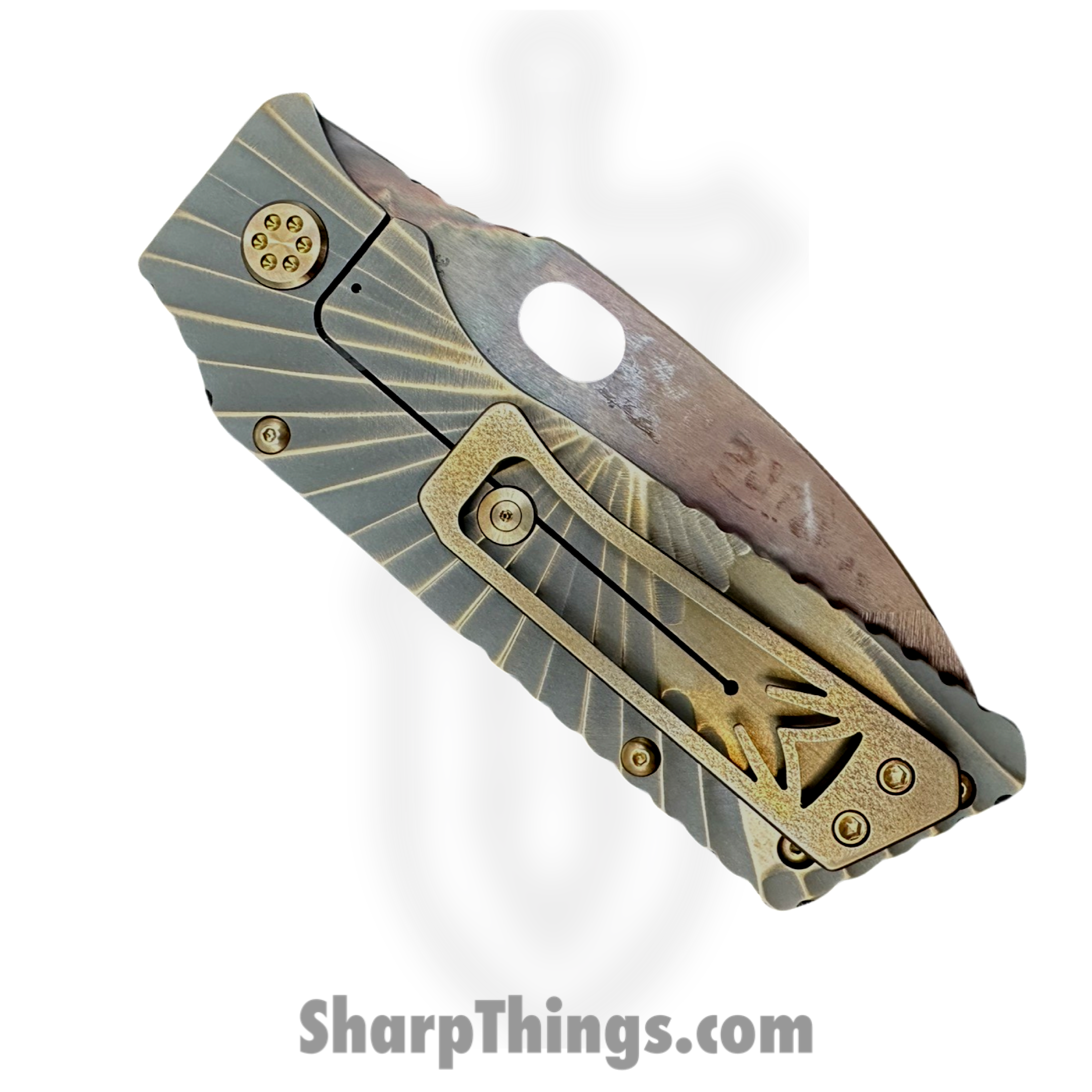 Medford Knife and Tool - MK0144VQ-36A1-T1C1-Q4 - TFF-1 - Folding Knife - S45VN Vulcan Drop Point - BB/Cement with Bronze "Rising Sun" - Bronze - Image 4