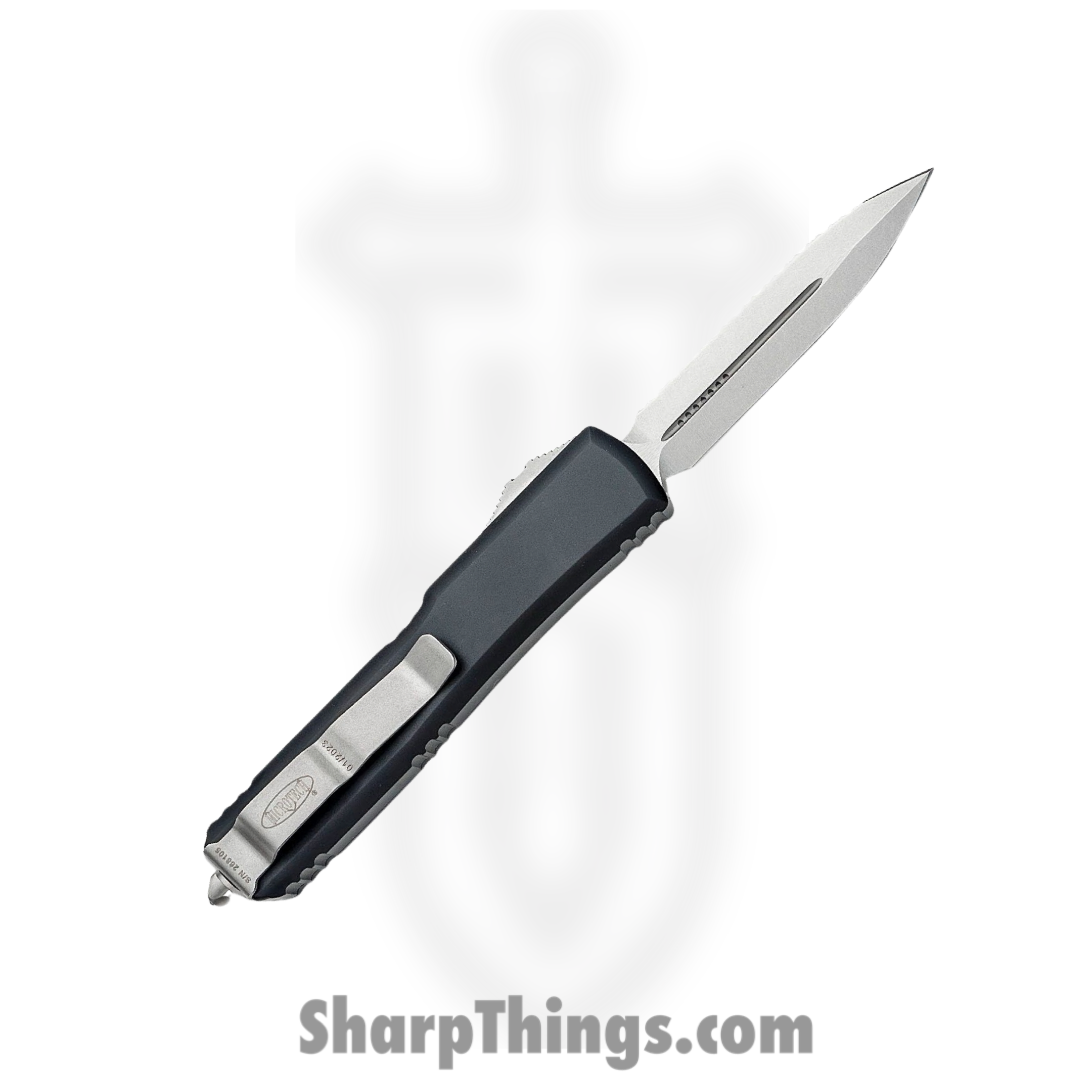 Microtech - 122-12 - Ultratech Serrated - OTF Auto - Stonewash Dagger - 6061-T6 Aluminum - Black - Image 2