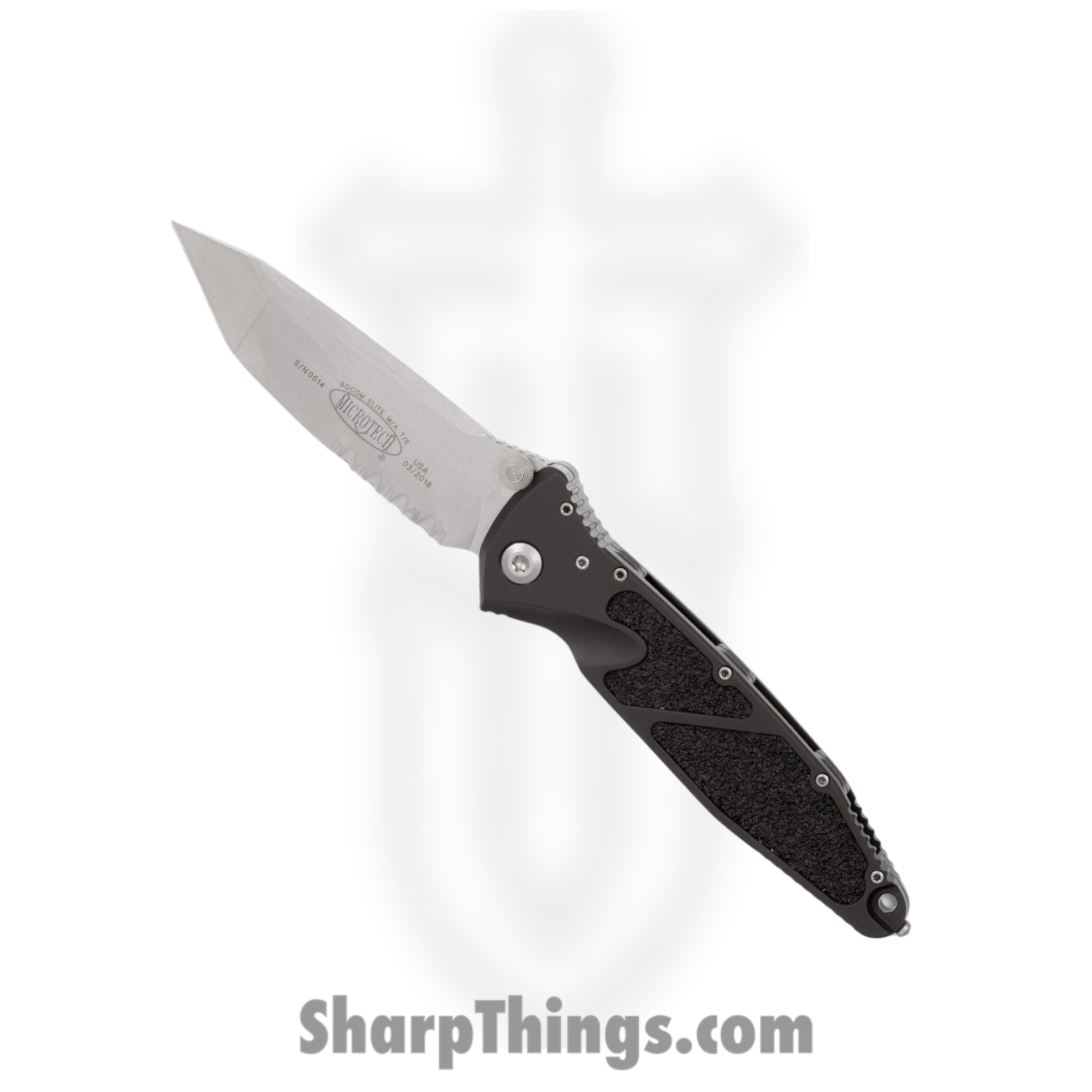 Microtech - 161-11 - Socom Elite - Folding Knife - Stonewash Tanto - 6061-T6 Aluminum with Textured Rubber Inserts - Black
