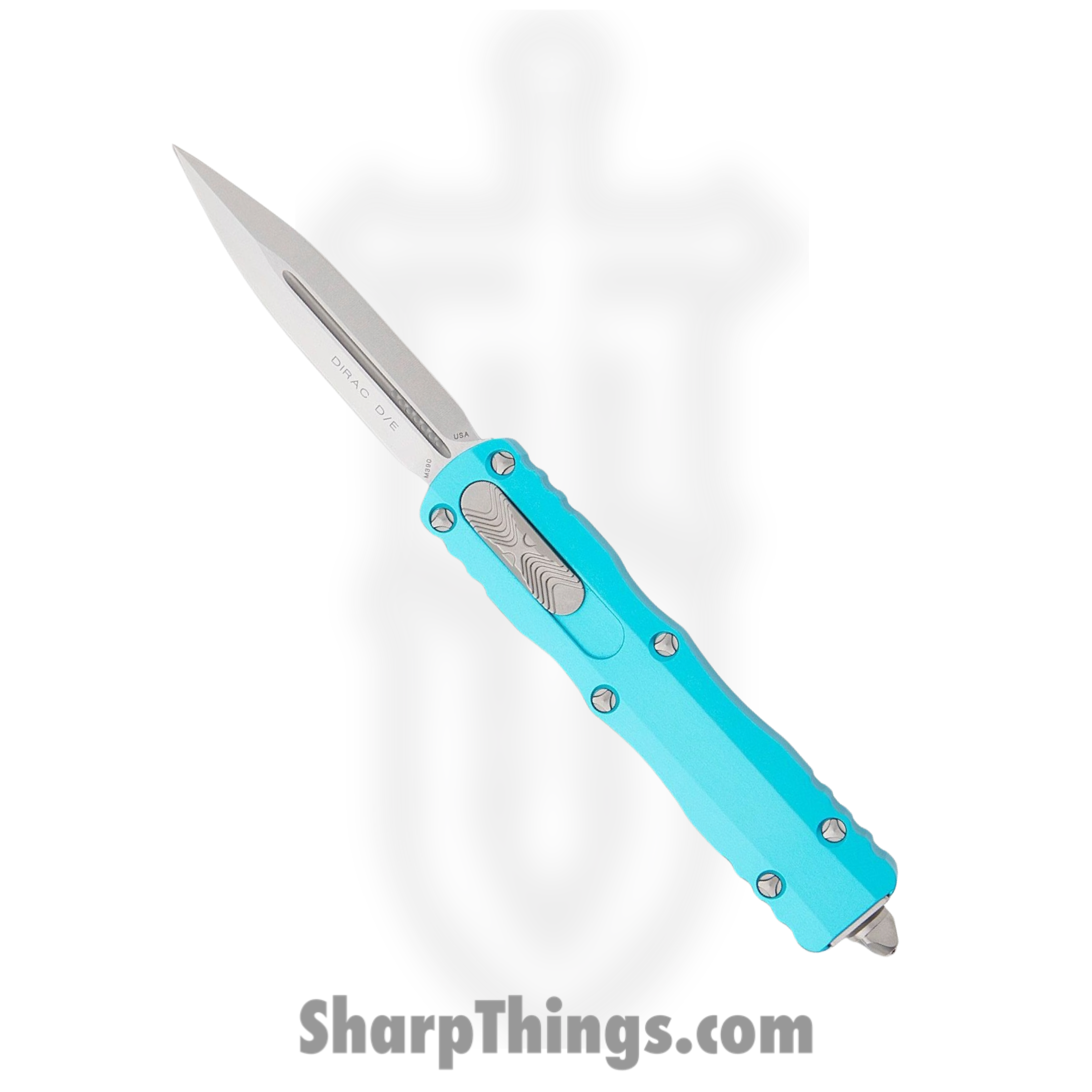 Microtech - 225-10TQ - Dirac D/E - OTF Auto - Stonewash Dagger - 6061-T6 Aluminum - Turquoise