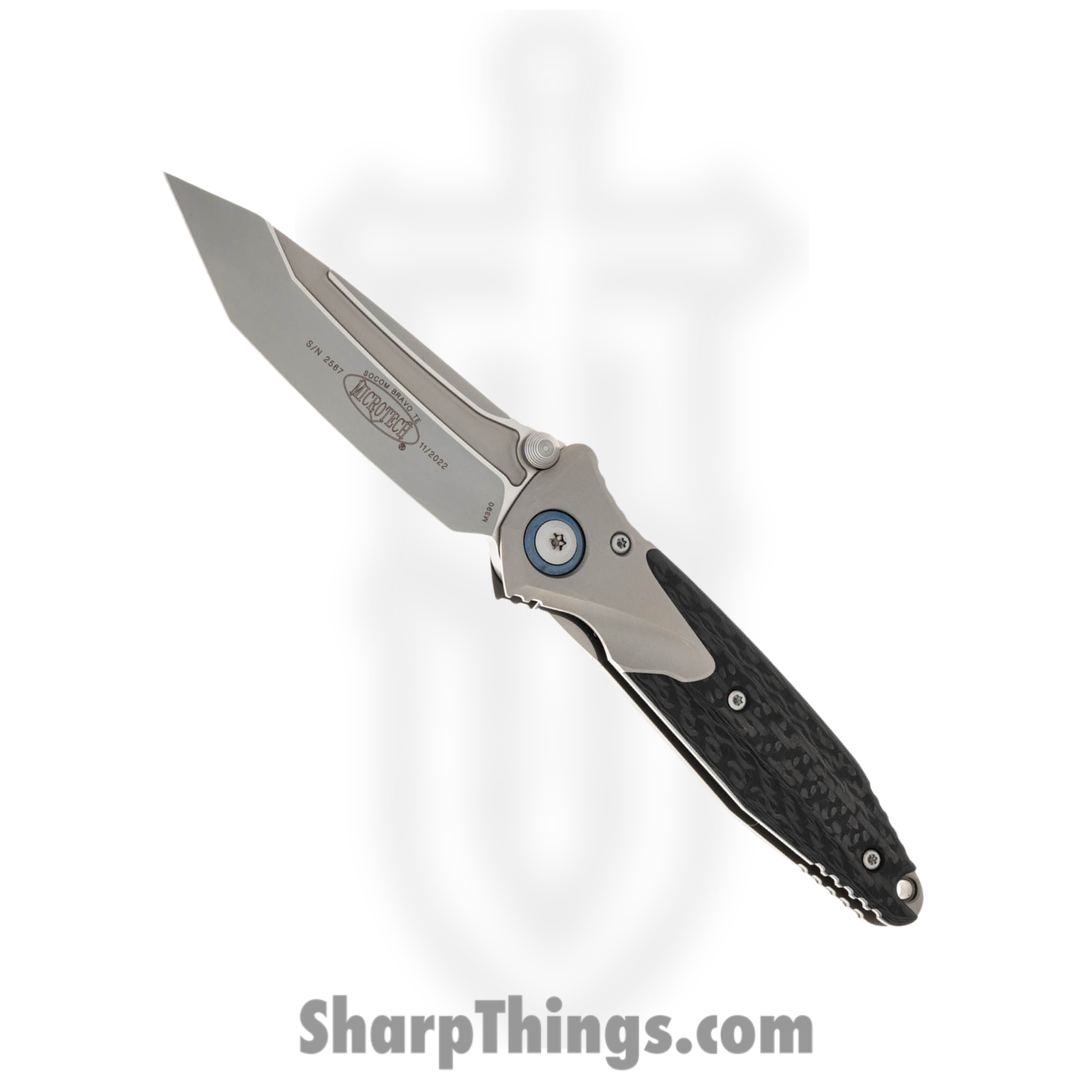 Microtech - 261M-7CFTI - Socom Bravo Mini T/E - Folding Knife - Bead Blasted Tanto - Titanium with Carbon Fiber Scales - Stainless Blue