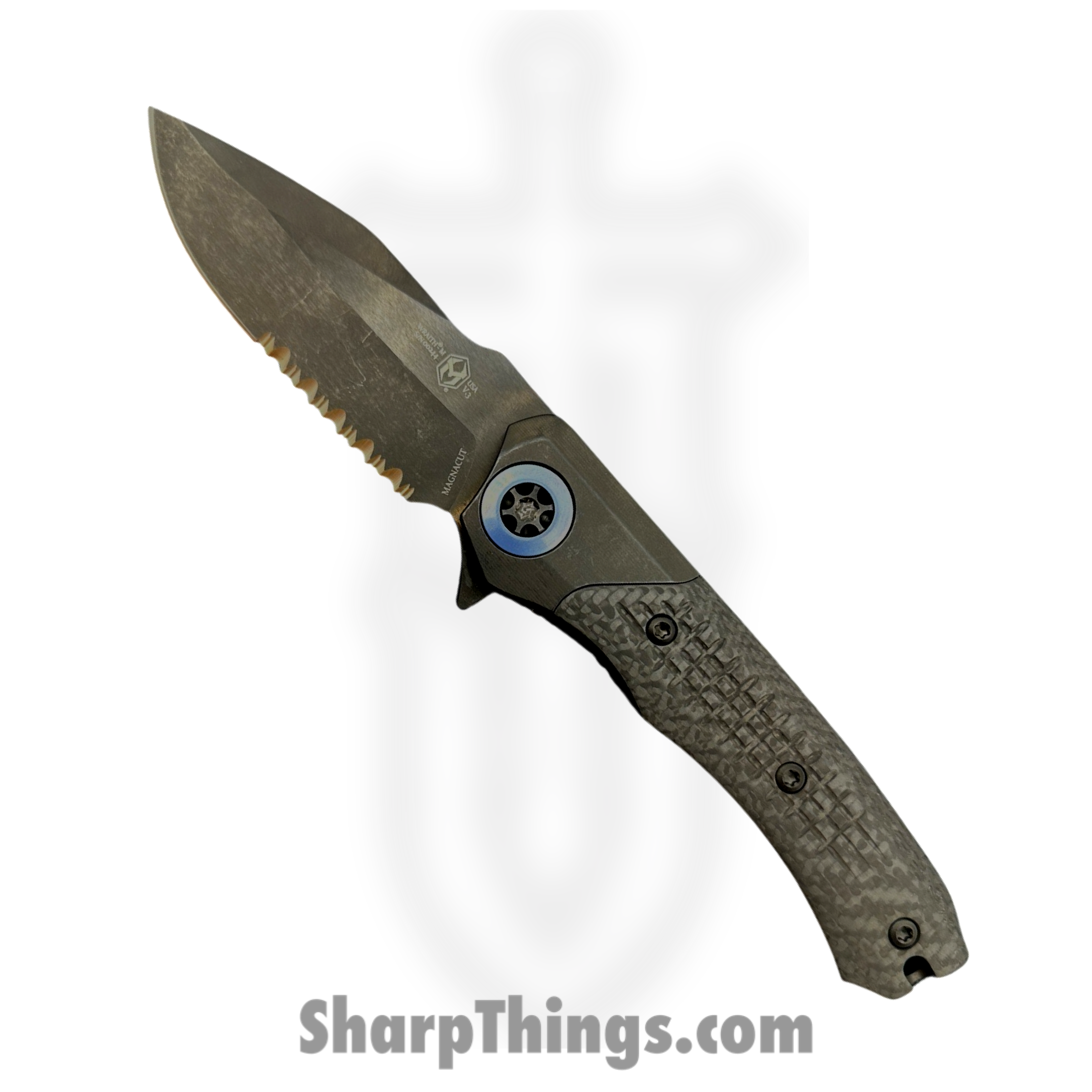 Heretic Knives - H001-6B-BLUTI - Wraith Manual - Folding Knife - Battle worn DLC Magnacut Partial Serrated Clip Point - DLC Titanium w/Carbon Fiber - Black with Blue Ti Accents