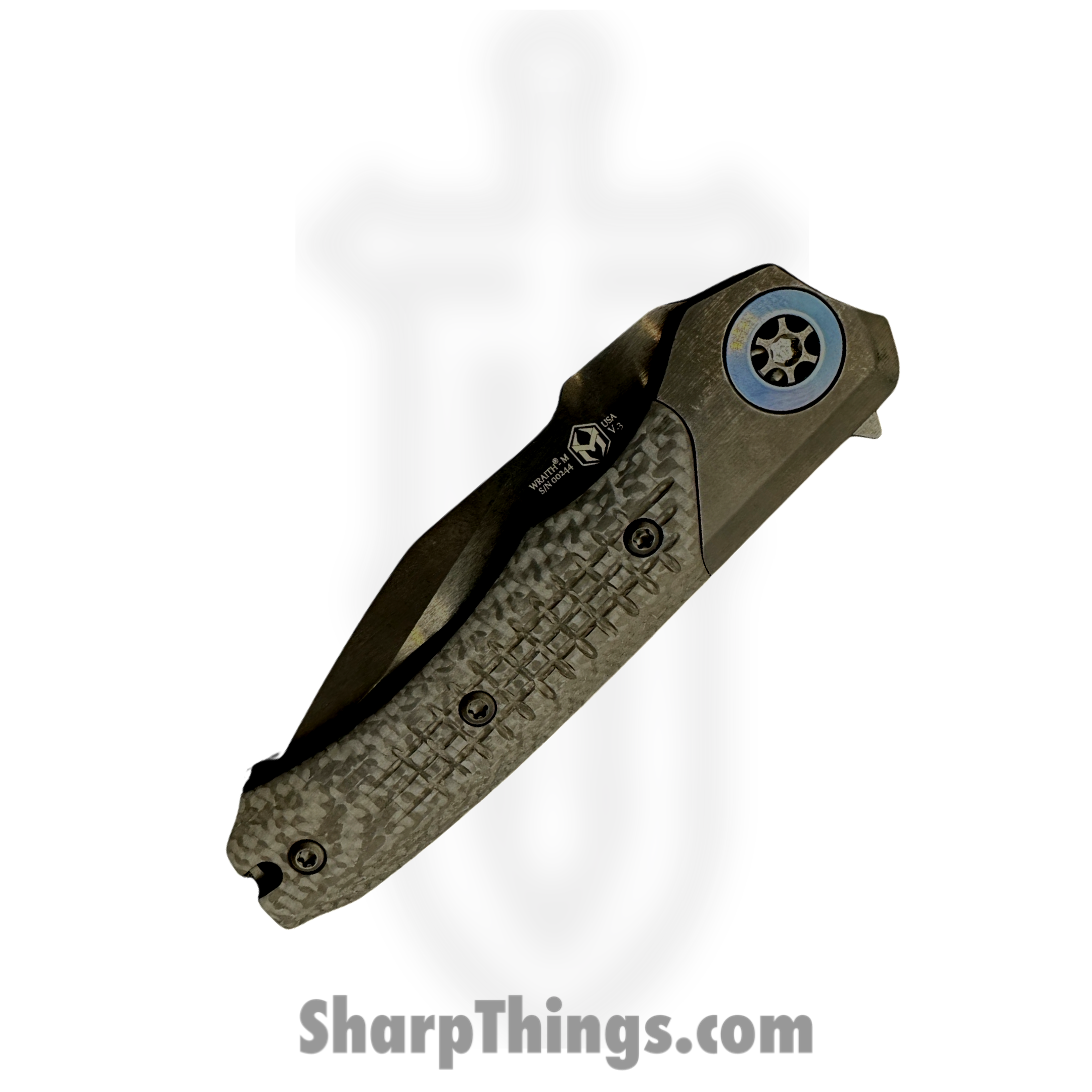 Heretic Knives - H001-6B-BLUTI - Wraith Manual - Folding Knife - Battle worn DLC Magnacut Partial Serrated Clip Point - DLC Titanium w/Carbon Fiber - Black with Blue Ti Accents - Image 3