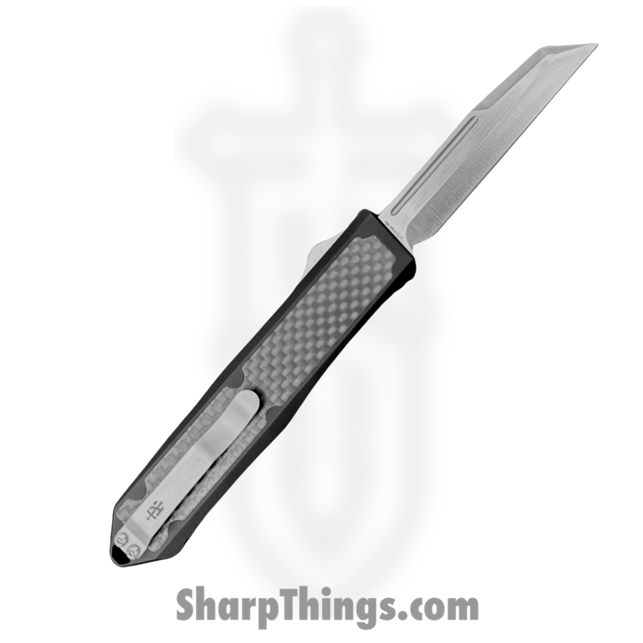 TakCom - BarracudaW - Barracuda - OTF Auto - Satin Magnacut Wharncliffe - Aluminum handles w CF inlay - Black - Image 2
