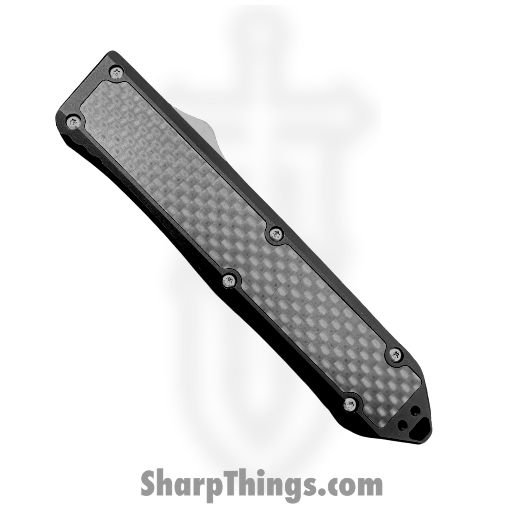 TakCom - BarracudaW - Barracuda - OTF Auto - Satin Magnacut Wharncliffe - Aluminum handles w CF inlay - Black - Image 3