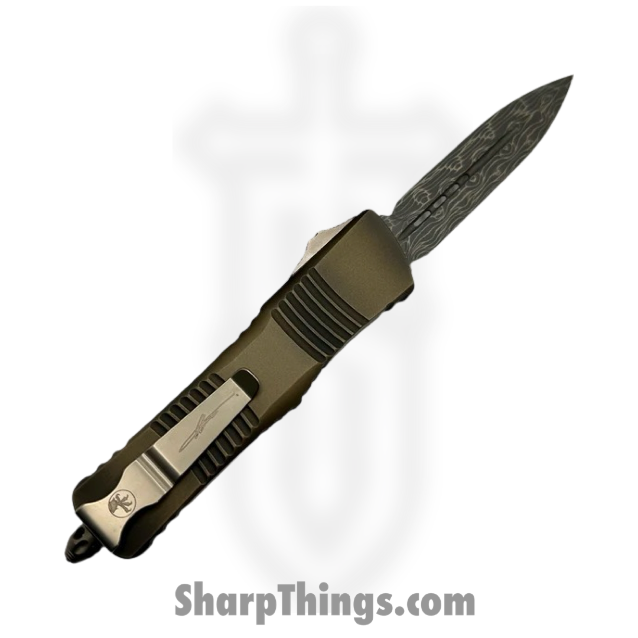 Microtech - 142-16BZABLPS - Combat Troodon - OTF Auto - Bronzed Damascus Dagger - 6061-T6 Aluminum - Antique Bronze - Image 2