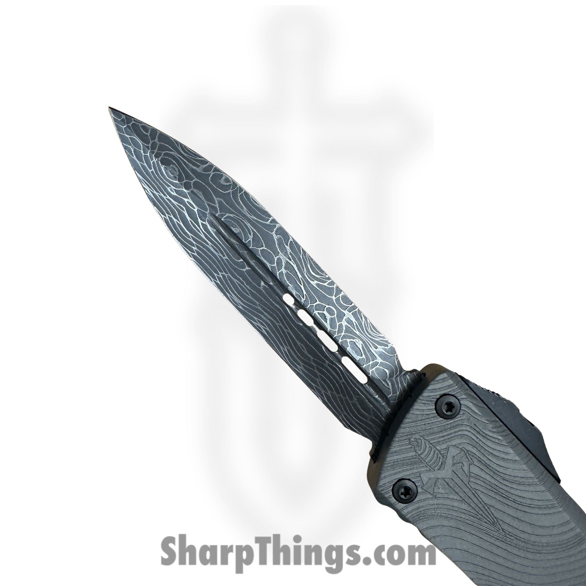 Microtech - 142-16DLCBES - Beskar Combat Troodon - OTF Auto - Damascus Dagger - 6061-T6 Aluminum - Gray - Image 3