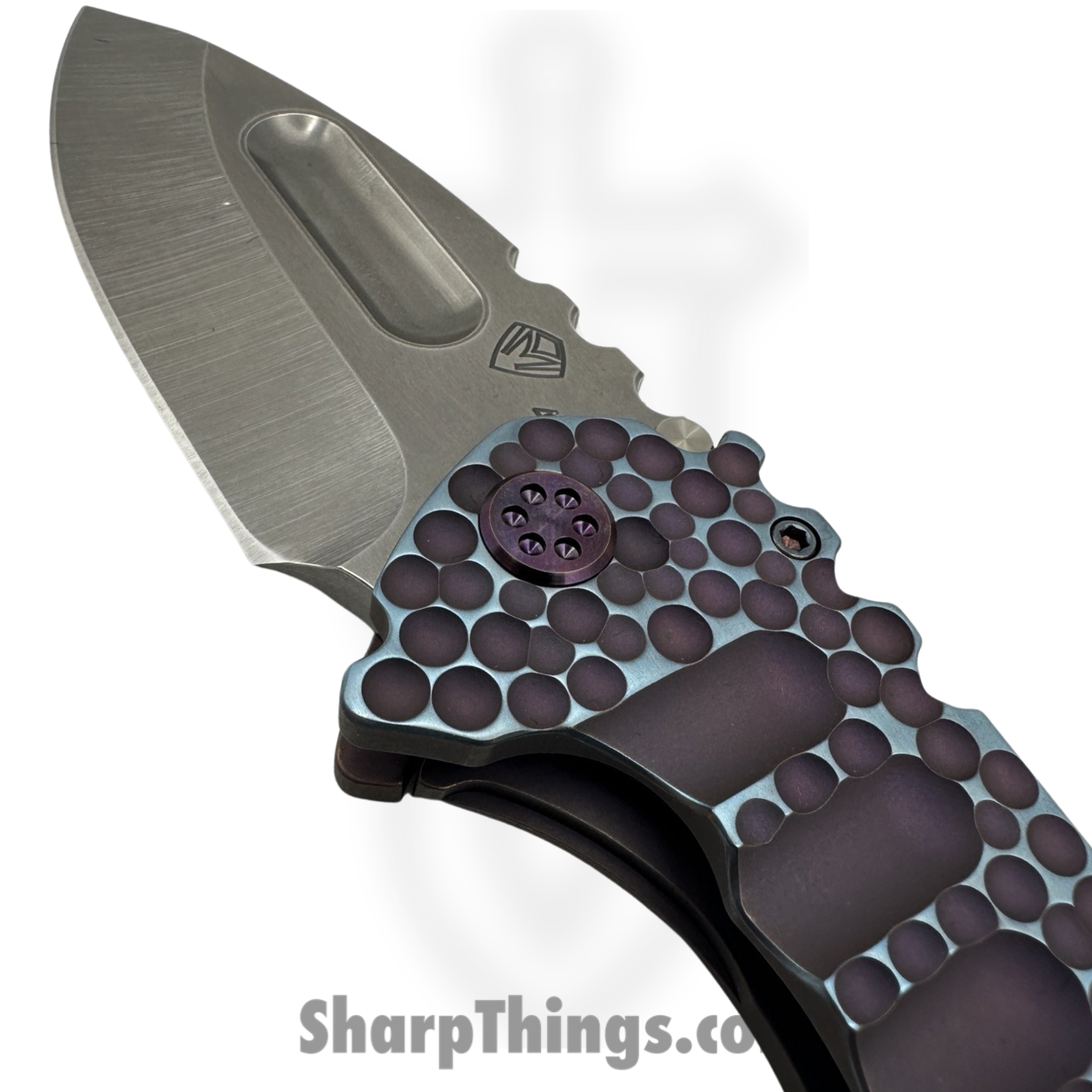 Medford Knife and Tool - 030824G - Prae Ti - Folding Knife - S45VN Tumbled Drop Point - Titanium "Moon Craters" - Violet Blue - Image 4