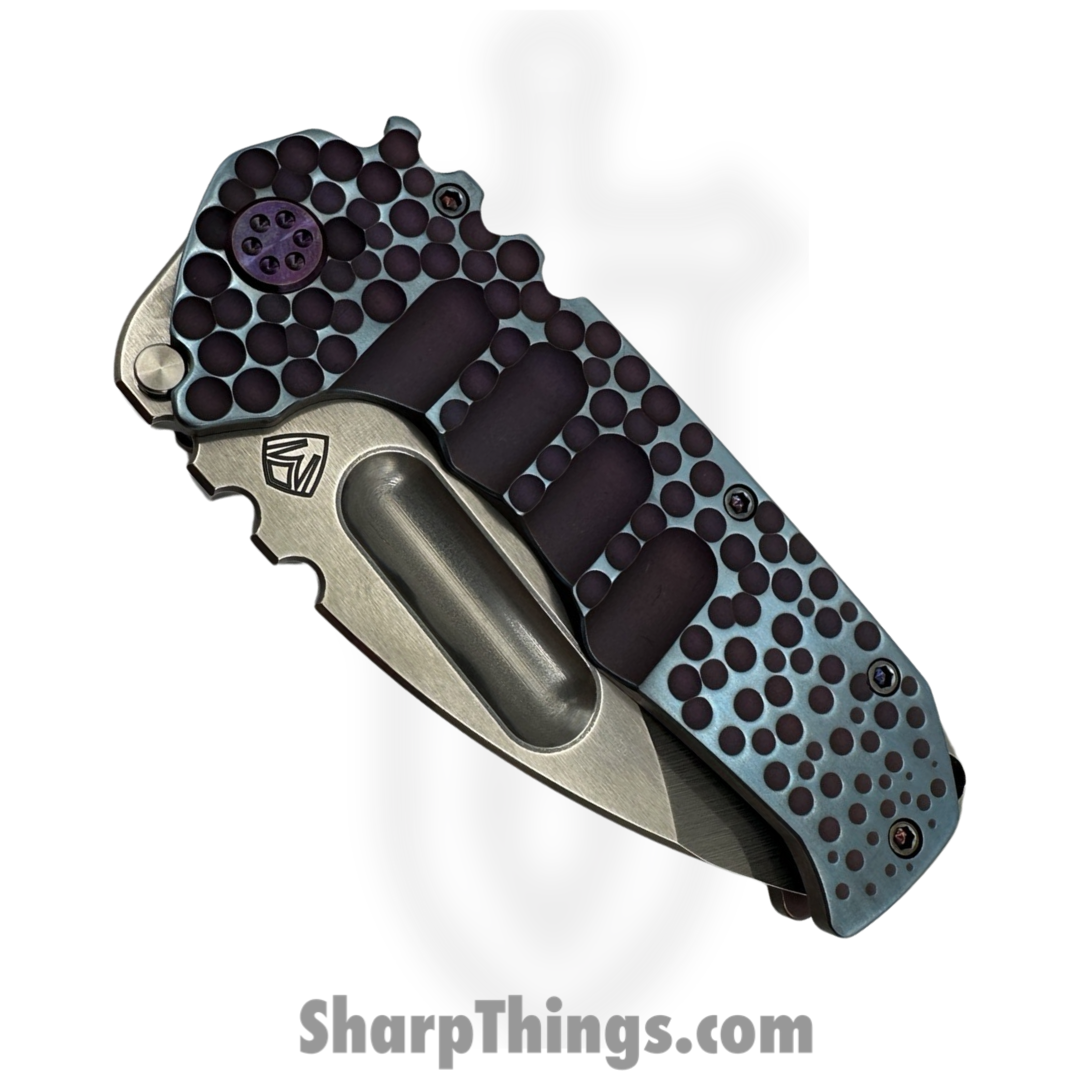 Medford Knife and Tool - 030824G - Prae Ti - Folding Knife - S45VN Tumbled Drop Point - Titanium "Moon Craters" - Violet Blue - Image 6
