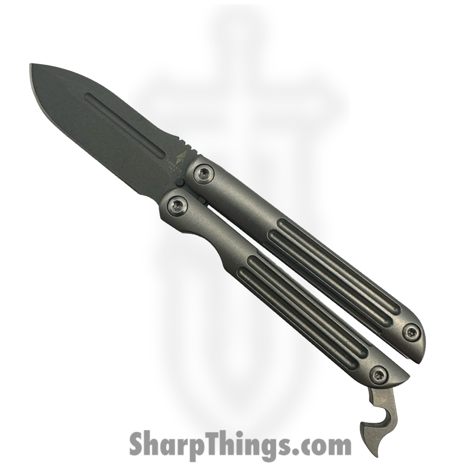 Terrain 365 - 10601 - Mini-Butterfly - Balisong - Terravantium™ Dendritic Cobalt Bead Blast Spear Point - 6AI4V Titanium - Gray